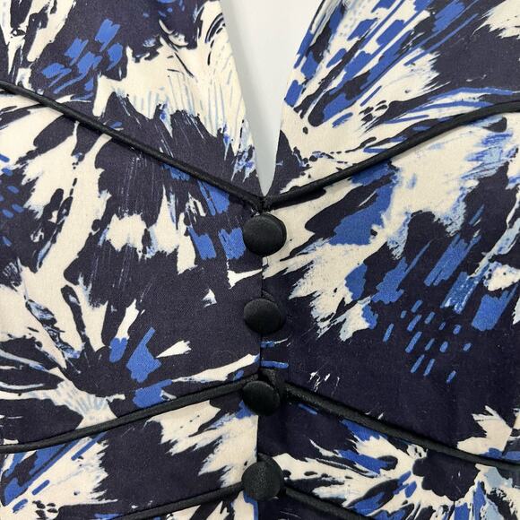 Theia Blue White Black Floral Faux Button Front Mandarin Collar Sheath Dress 2 - Picture 13 of 13